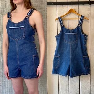Vintage Y2K Blue Denim Rainbow Stripe Romper Bib Overall Jean Shorts size M